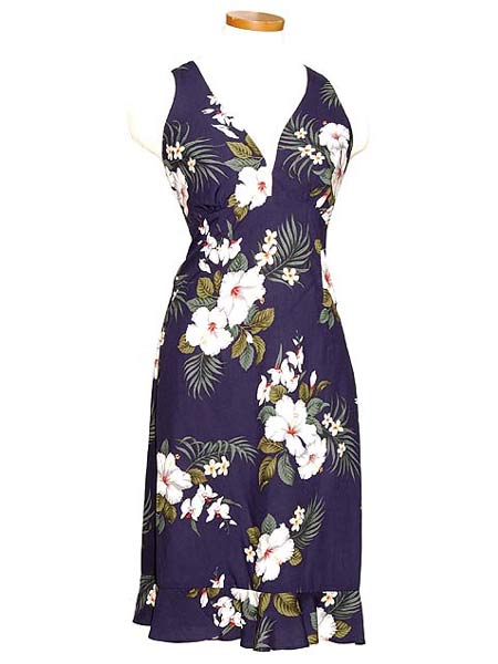 Ladies V-Neck Short Dress--Hibiscus2 Navy Blue