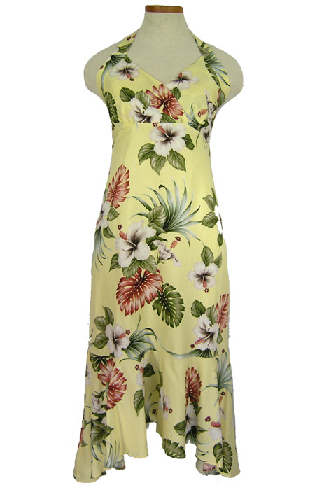 Ladies Halter Long Flair Dress-Hibiscus/Leaf Lightyellow