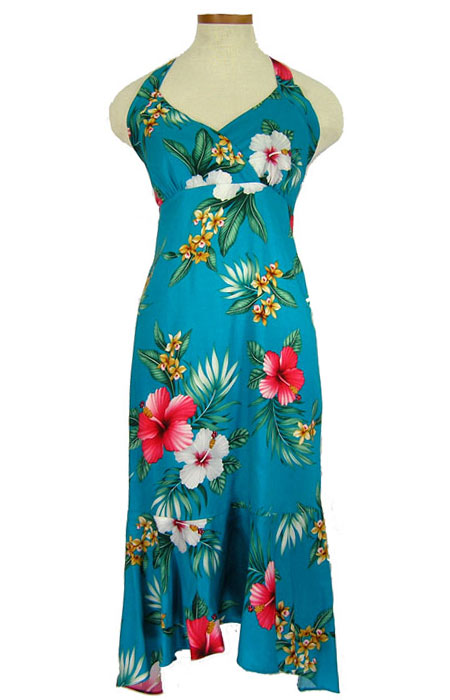 Ladies Halter Long Flair Dress-Hibiscus Paradise Blue