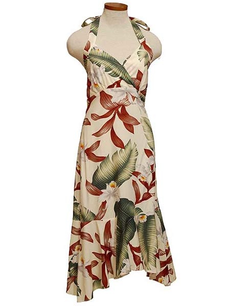 Ladies Halter Long Flair Dress-Hanapepe Ivory